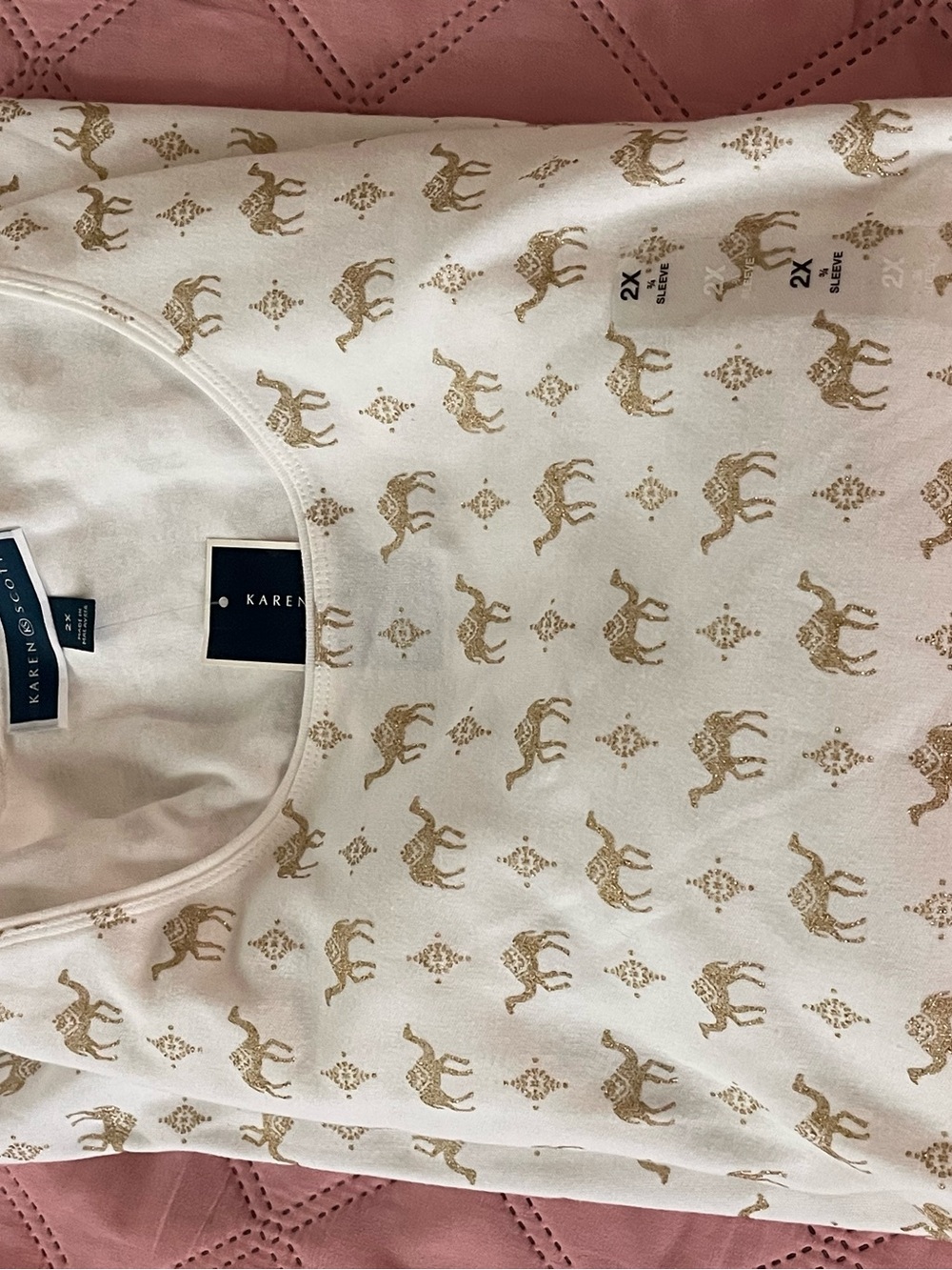Karen Scott Cream Top with Gold Accent Print